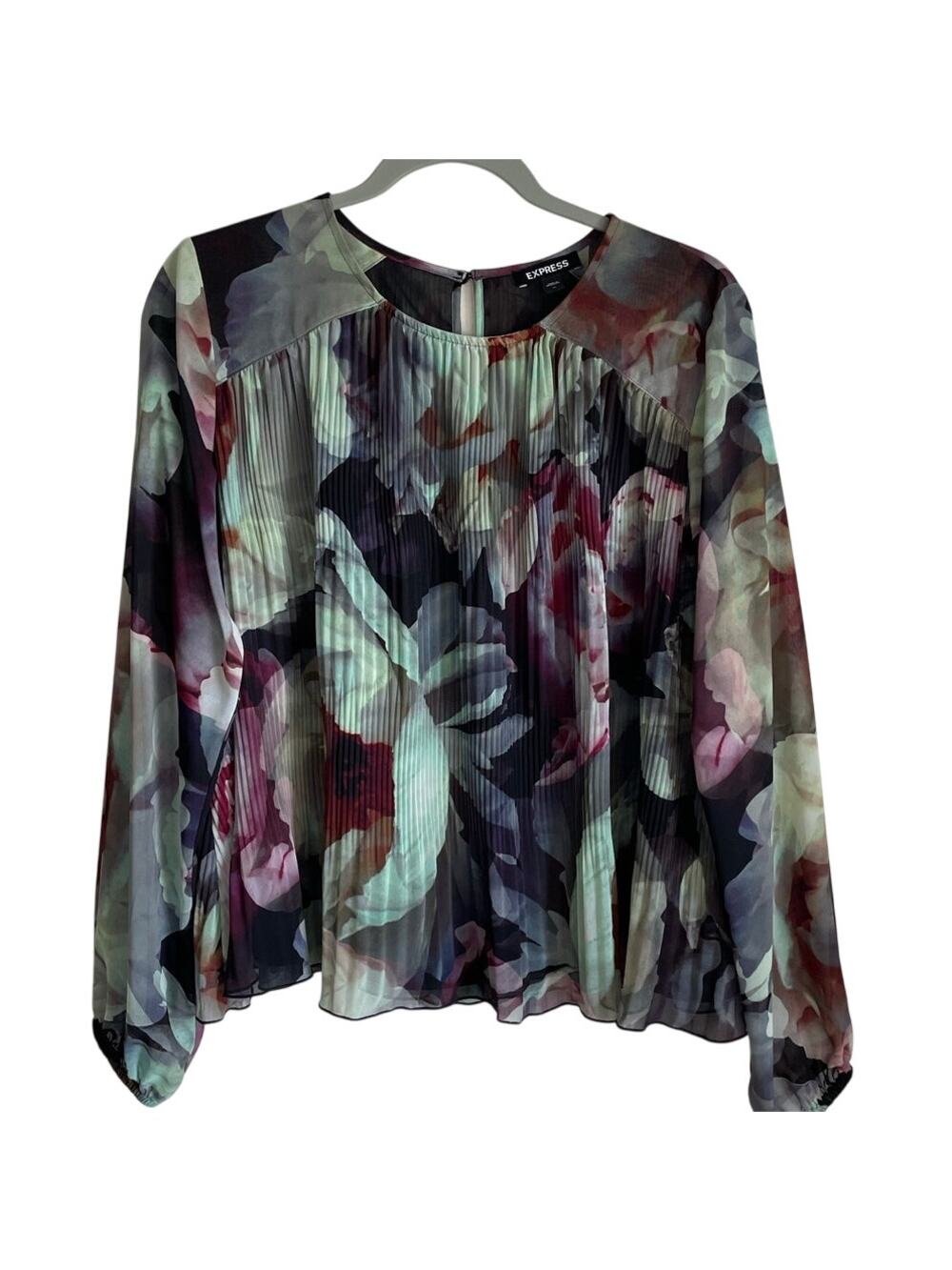 Express Pleated Blouse Top Sz M Chiffon Lined Long Sleeve Floral Fairygrunge